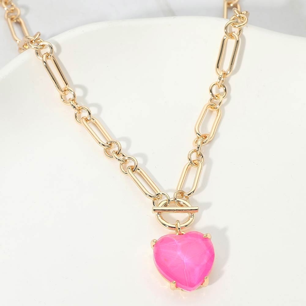 Neon Fuchsia Heart Toggle Paperclip Link Crystal Pendant Necklace Jewelry Chain